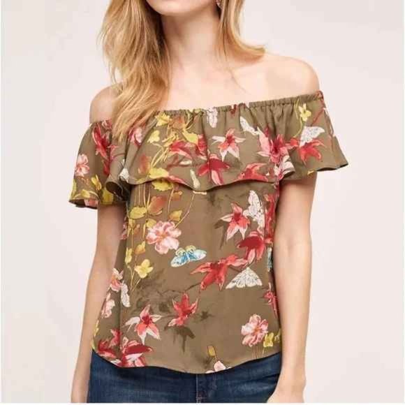Maeve Off Shoulder Ruffle Tropical Flower Print Olive Green Small Blouse Top EUC - Picture 11 of 12
